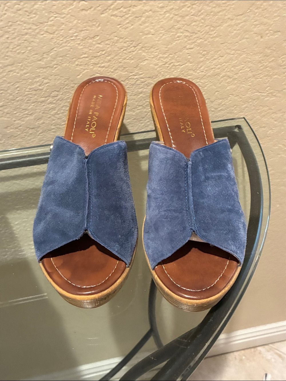 Mila Paoli made in Italy Blue Suede Open-Front Slide wedge sandals